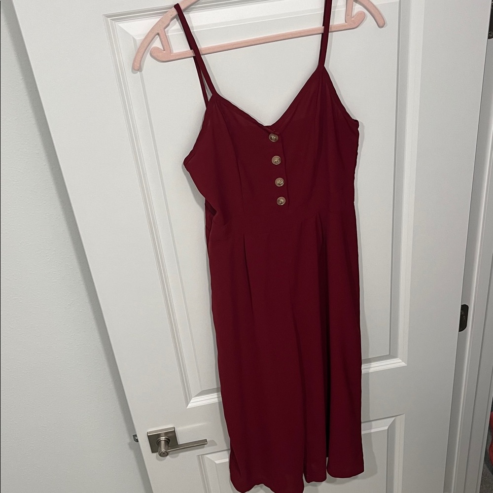 Burgundy Button-Front Spaghetti Capri Jumpsuit